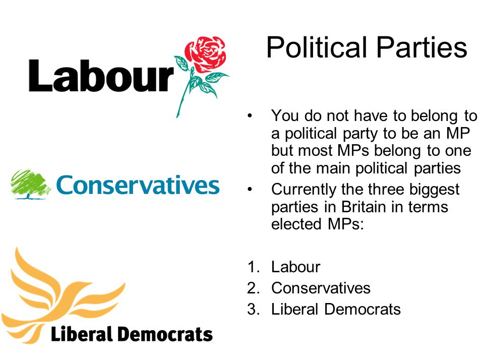 Political Parties You do not have to belong to a political party to be an MP but most MPs belong to one of the main political parties.