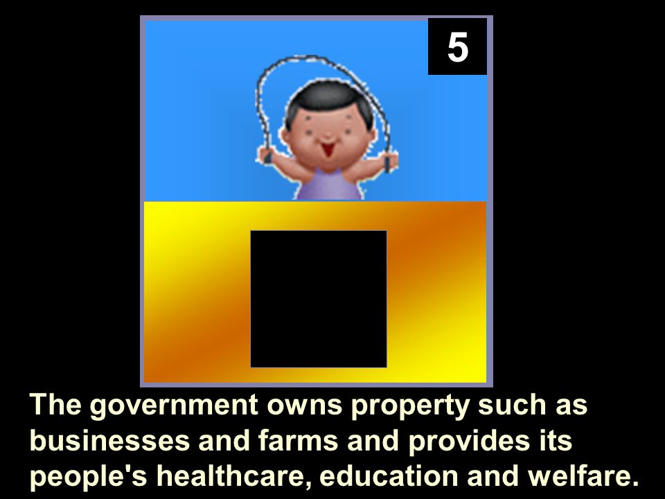 5 The government owns property such as businesses and farms and provides its people s healthcare, education and welfare.