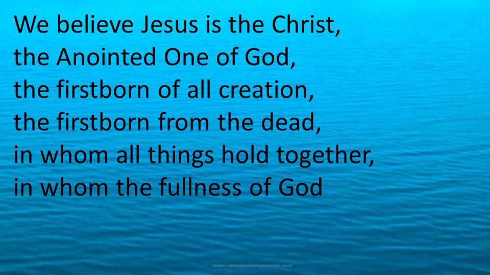 We believe Jesus is the Christ, the Anointed One of God, the firstborn of all creation, the firstborn from the dead, in whom all things hold together, in whom the fullness of God