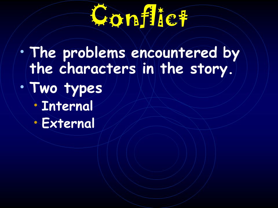 Conflict The problems encountered by the characters in the story.