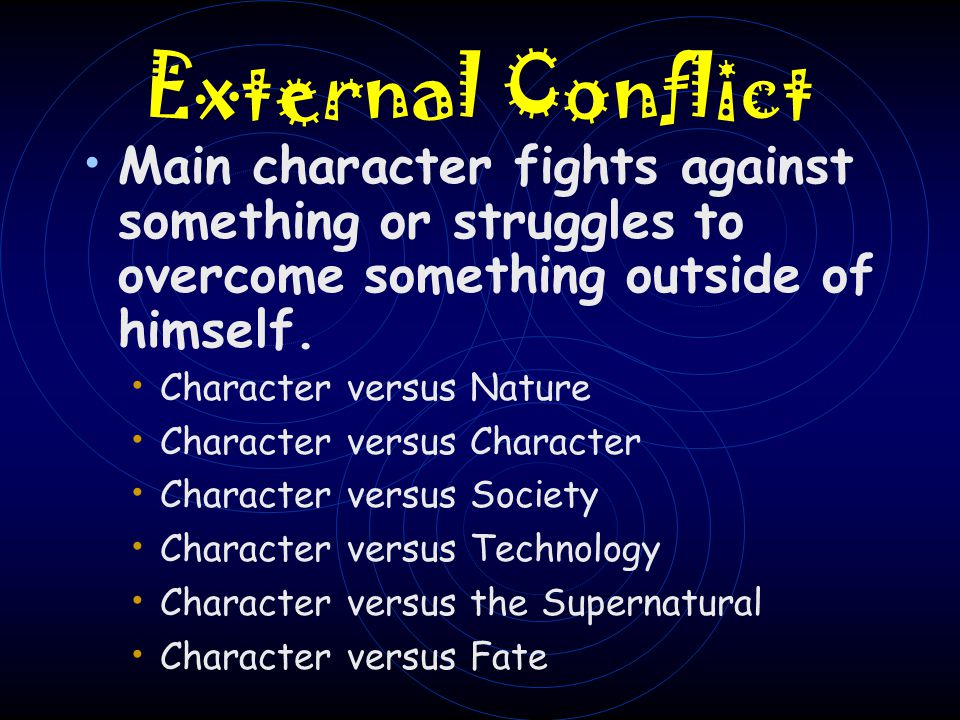 External Conflict Main character fights against something or struggles to overcome something outside of himself.