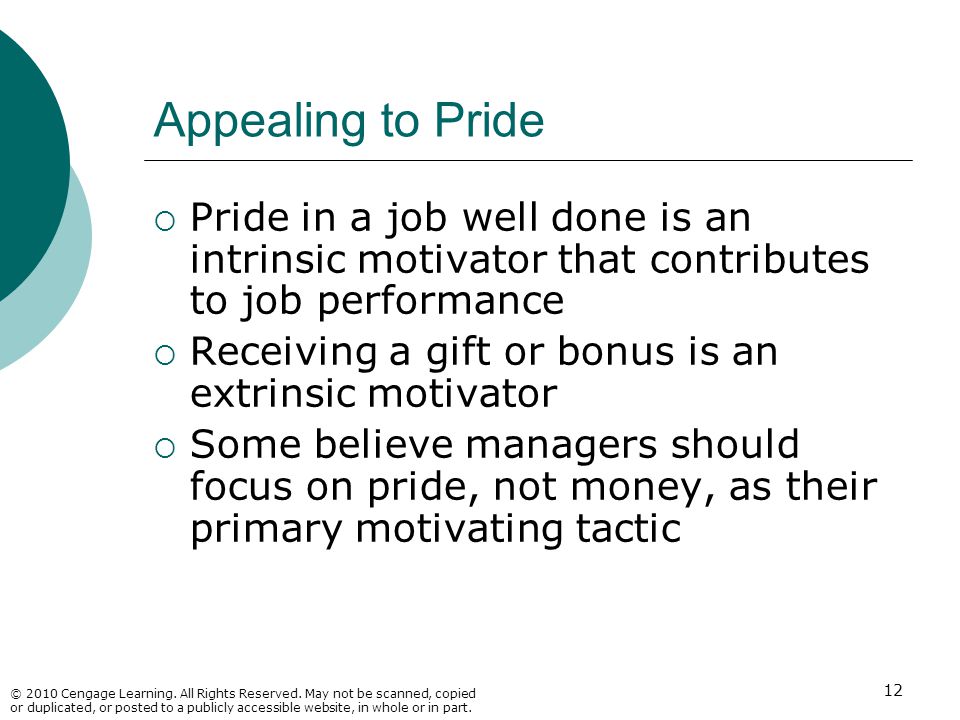 Appealing to Pride Pride in a job well done is an intrinsic motivator that contributes to job performance.