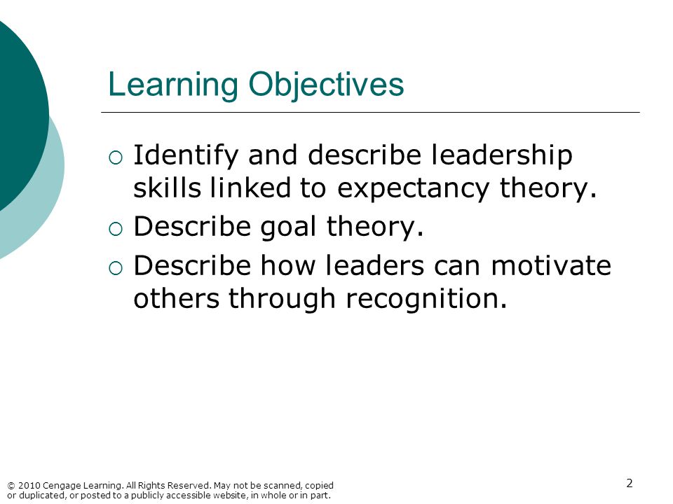 Learning Objectives Identify and describe leadership skills linked to expectancy theory. Describe goal theory.