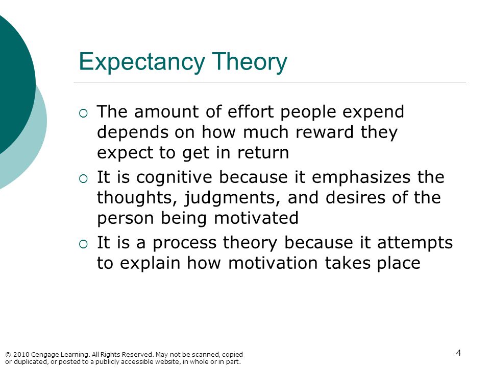 Expectancy Theory The amount of effort people expend depends on how much reward they expect to get in return.