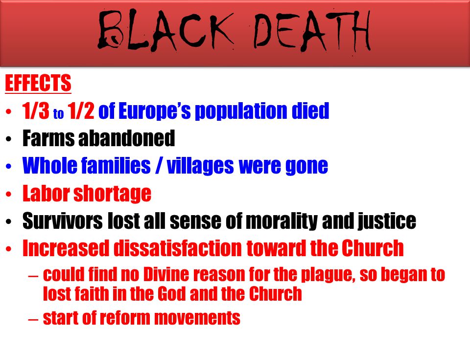 BLACK DEATH EFFECTS 1/3 to 1/2 of Europe’s population died