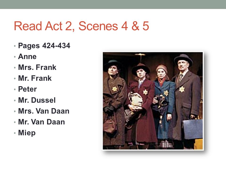 Read Act 2, Scenes 4 & 5 Pages Anne Mrs. Frank Mr. Frank Peter