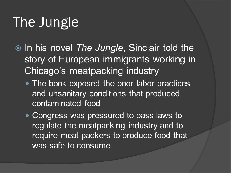 The Jungle In his novel The Jungle, Sinclair told the story of European immigrants working in Chicago’s meatpacking industry.