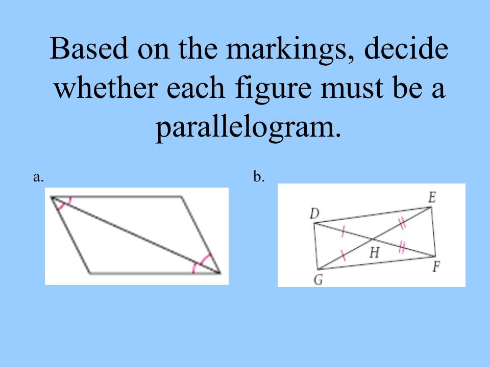 Based on the markings, decide whether each figure must be a parallelogram.