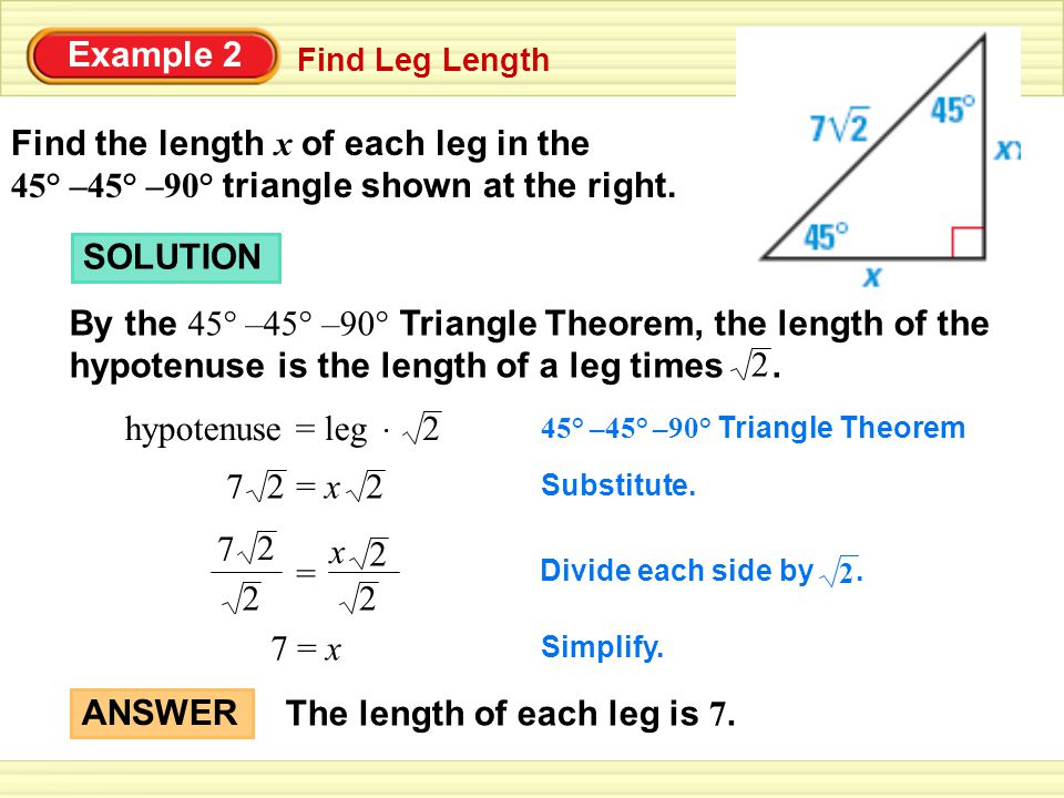 Find the length x of each leg in the