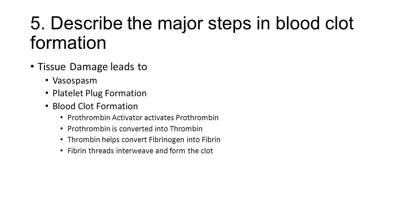 5. Describe the major steps in blood clot formation