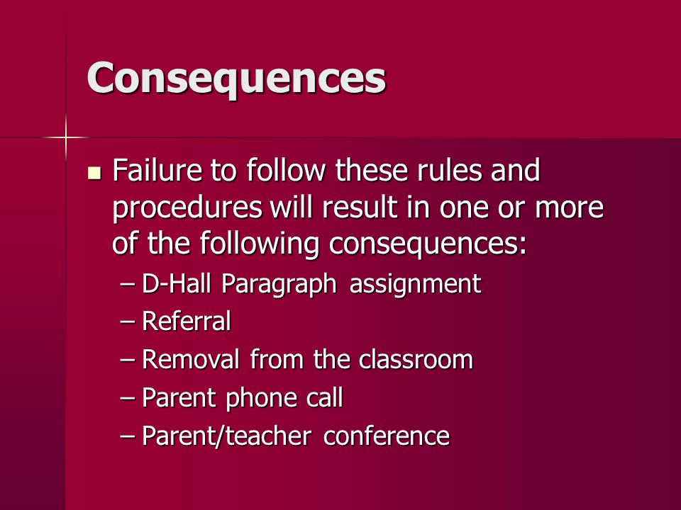 Consequences Failure to follow these rules and procedures will result in one or more of the following consequences: