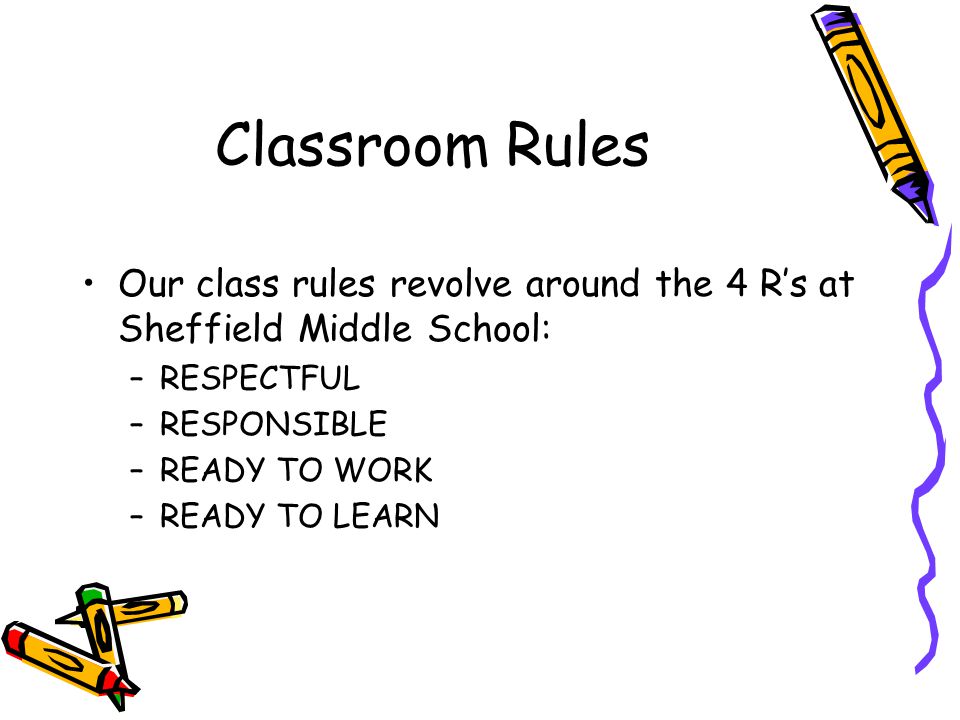 Classroom Rules Our class rules revolve around the 4 R’s at Sheffield Middle School: RESPECTFUL. RESPONSIBLE.