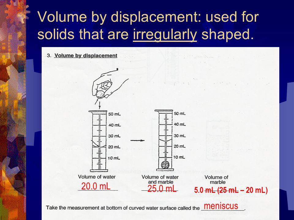 Volume by displacement: used for solids that are irregularly shaped.