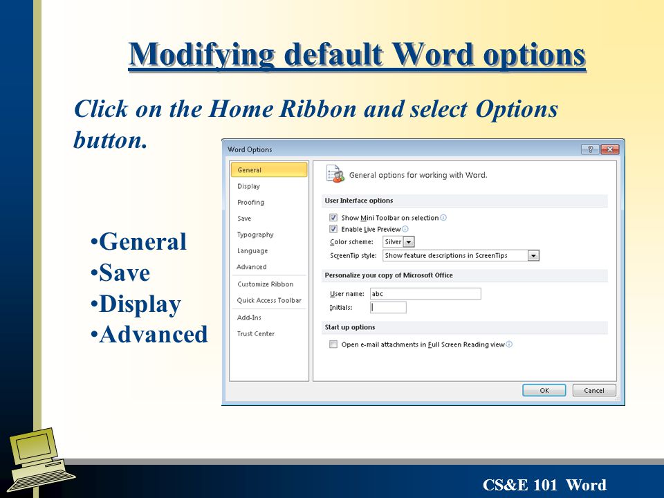 Modifying default Word options