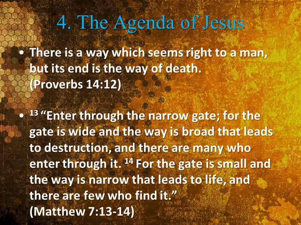4. The Agenda of Jesus There is a way which seems right to a man, but its end is the way of death. (Proverbs 14:12)
