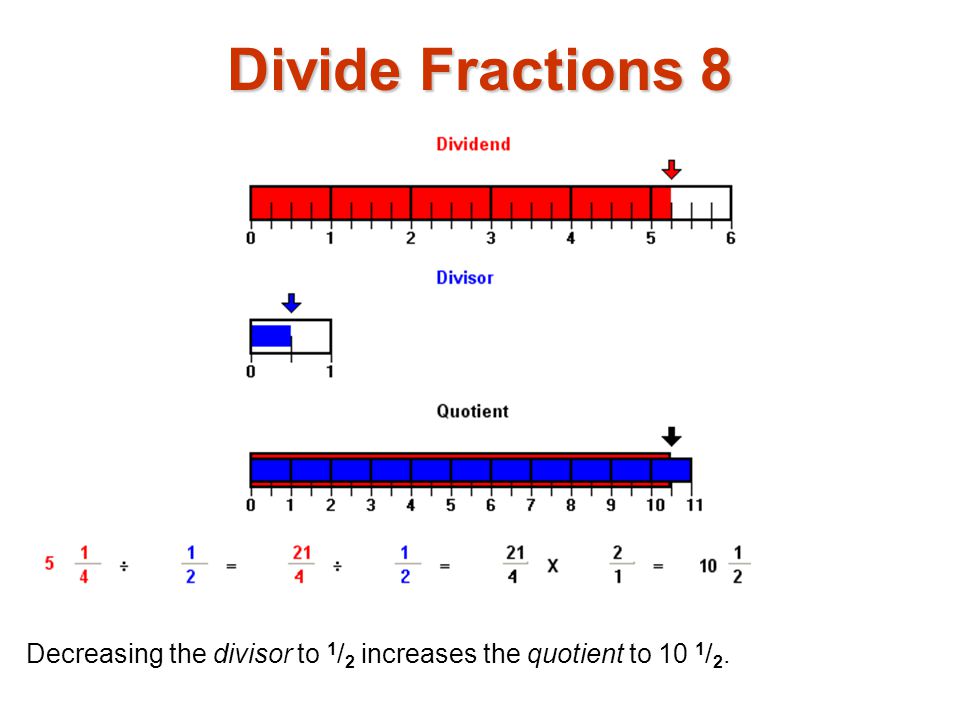 Divide Fractions 8 Decreasing the divisor to 1/2 increases the quotient to 10 1/2.