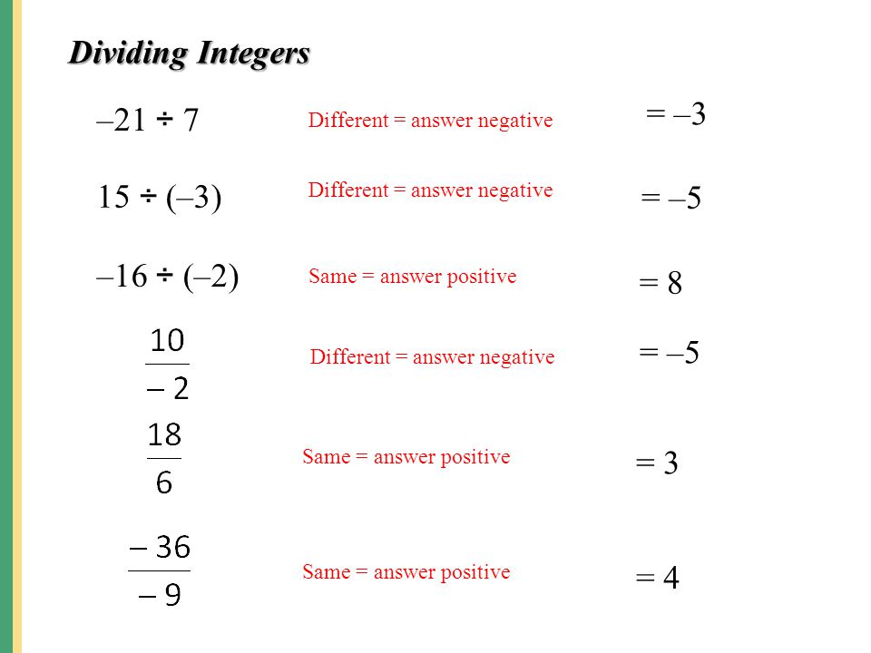 Dividing Integers = –3 –21 ÷ 7 15 ÷ (–3) = –5 –16 ÷ (–2) = 8 = –5 = 3