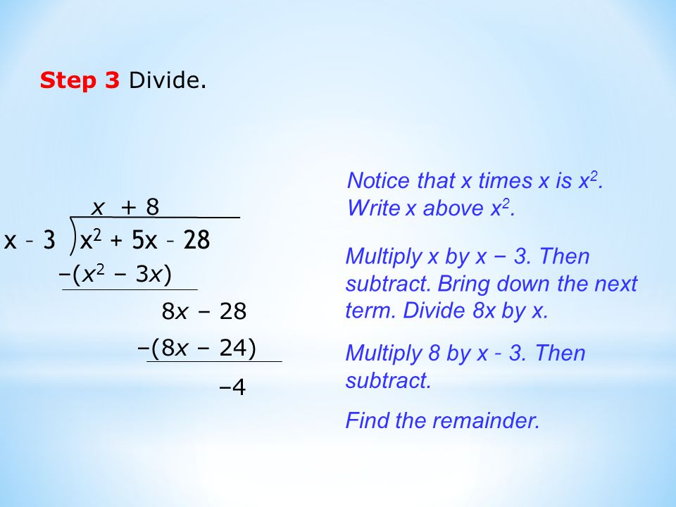 Step 3 Divide. Notice that x times x is x2. Write x above x2. x x – 3 x2 + 5x – 28.