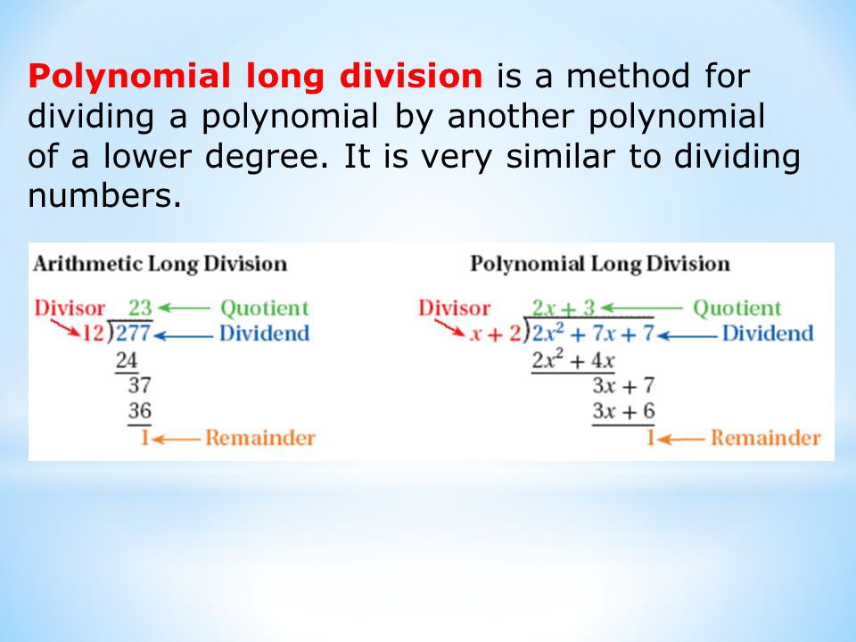 Polynomial long division is a method for dividing a polynomial by another polynomial of a lower degree.