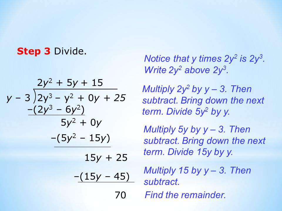 Step 3 Divide. Notice that y times 2y2 is 2y3. Write 2y2 above 2y3. 2y2. + 5y