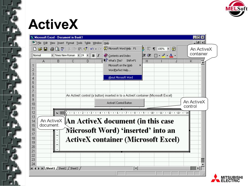 ActiveX An ActiveX container An ActiveX control An ActiveX document.