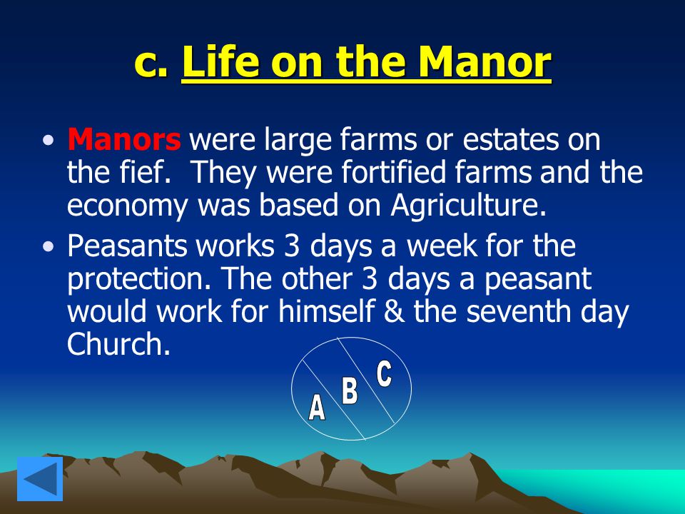 c. Life on the Manor Manors were large farms or estates on the fief. They were fortified farms and the economy was based on Agriculture.