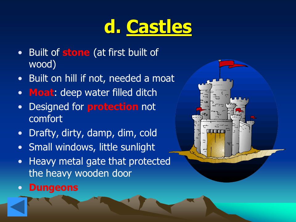 d. Castles Built of stone (at first built of wood)