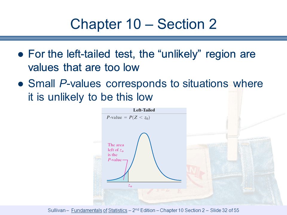 Chapter 10 – Section 2 For the left-tailed test, the unlikely region are values that are too low.
