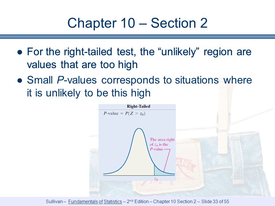 Chapter 10 – Section 2 For the right-tailed test, the unlikely region are values that are too high.