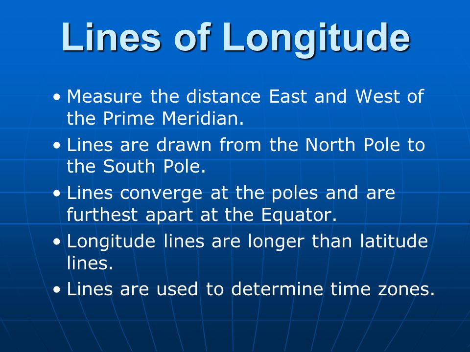 Lines of Longitude Measure the distance East and West of the Prime Meridian. Lines are drawn from the North Pole to the South Pole.