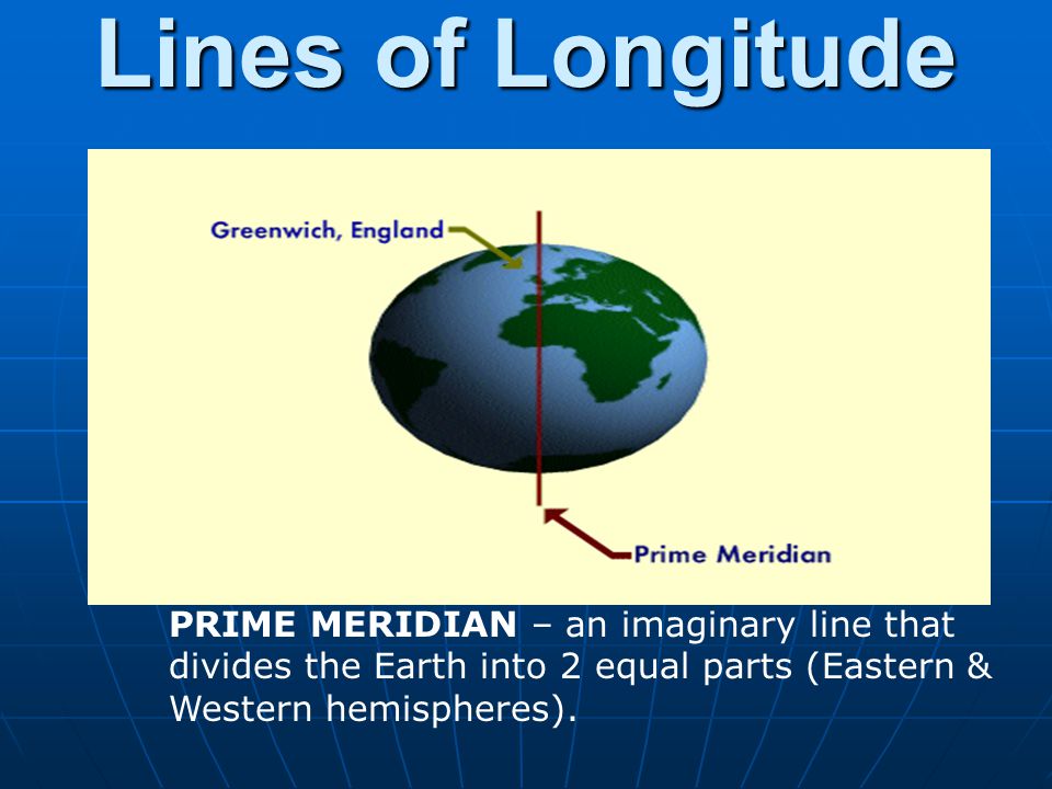 Lines of Longitude PRIME MERIDIAN – an imaginary line that divides the Earth into 2 equal parts (Eastern & Western hemispheres).