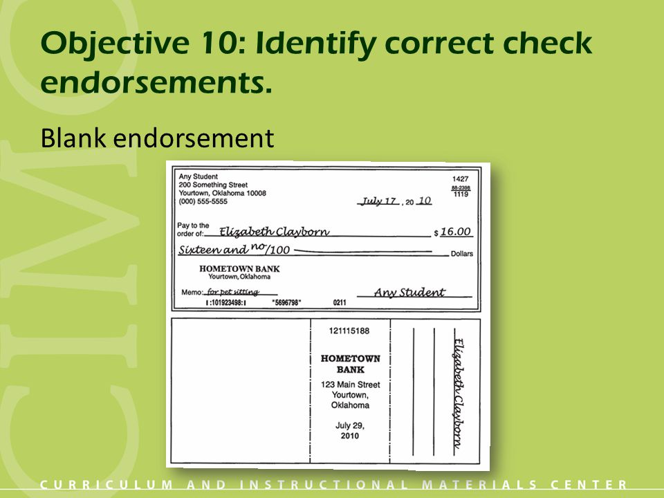 Objective 10: Identify correct check endorsements.