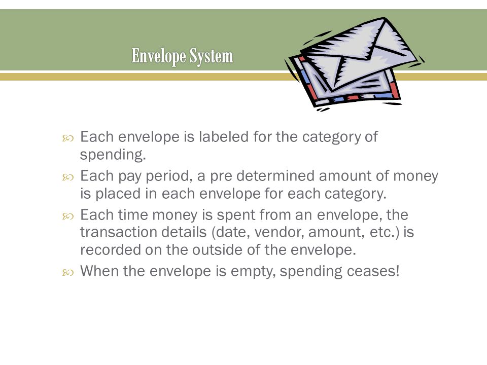 Envelope System Each envelope is labeled for the category of spending.