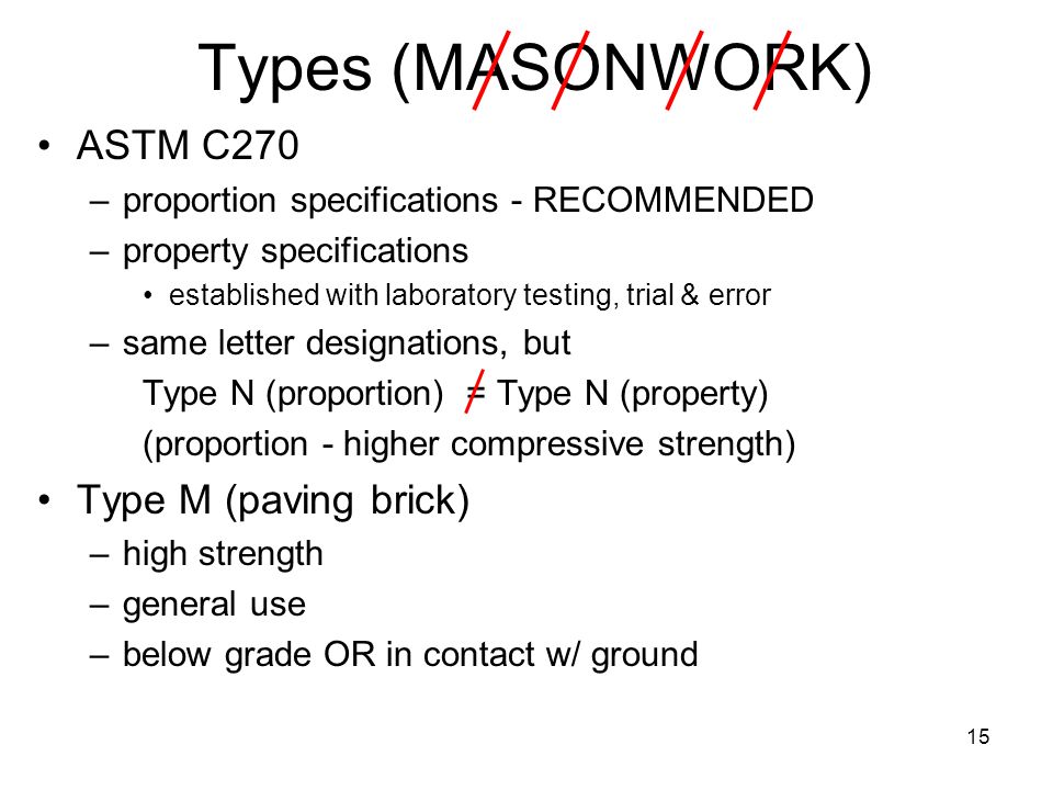 Types (MASONWORK) ASTM C270 Type M (paving brick)