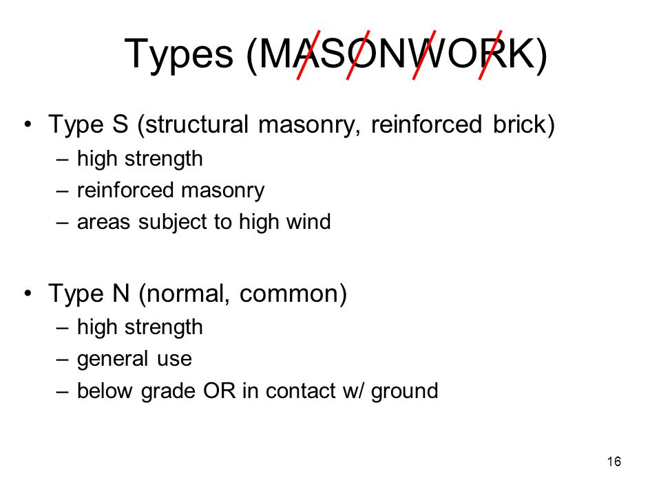 Types (MASONWORK) Type S (structural masonry, reinforced brick)