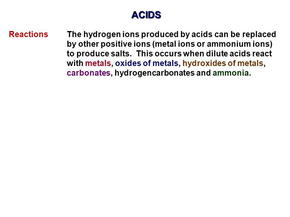 ACIDS Reactions The hydrogen ions produced by acids can be replaced