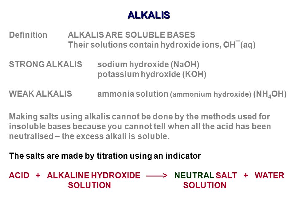 ALKALIS Definition ALKALIS ARE SOLUBLE BASES