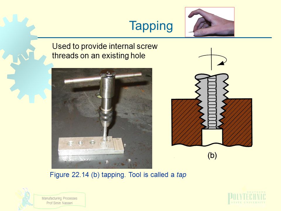 Tapping Used to provide internal screw threads on an existing hole