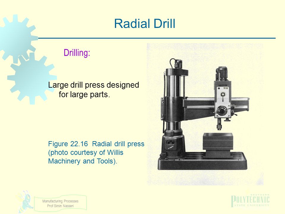 Radial Drill Drilling: Large drill press designed for large parts.