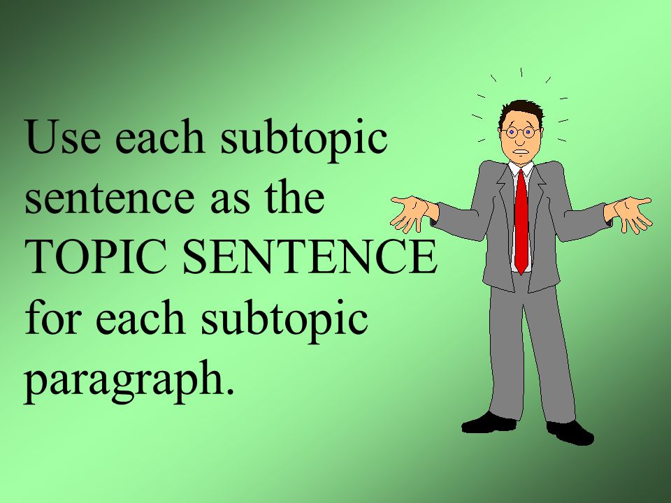 Use each subtopic sentence as the TOPIC SENTENCE for each subtopic paragraph.