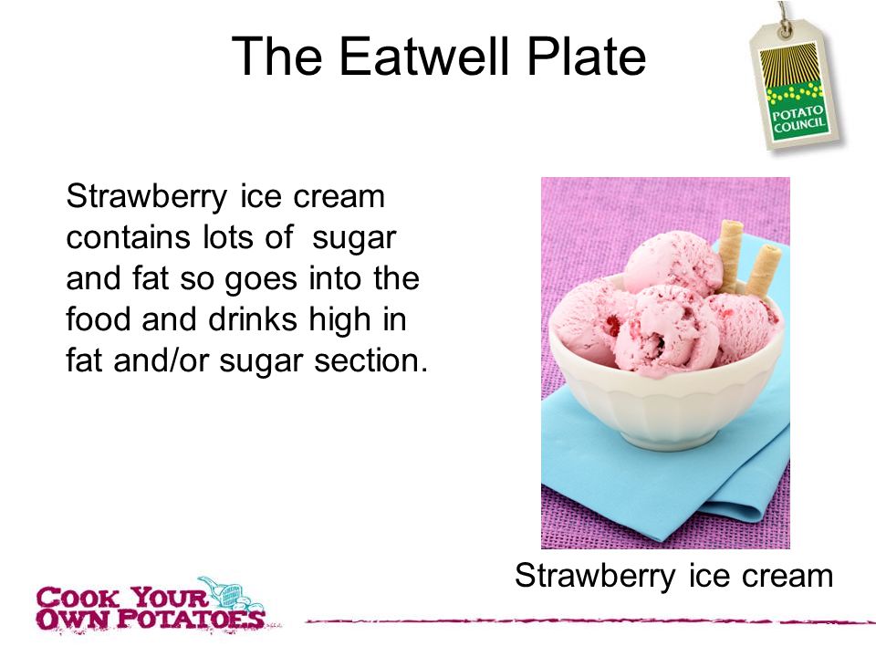 The Eatwell Plate Strawberry ice cream contains lots of sugar and fat so goes into the food and drinks high in fat and/or sugar section.