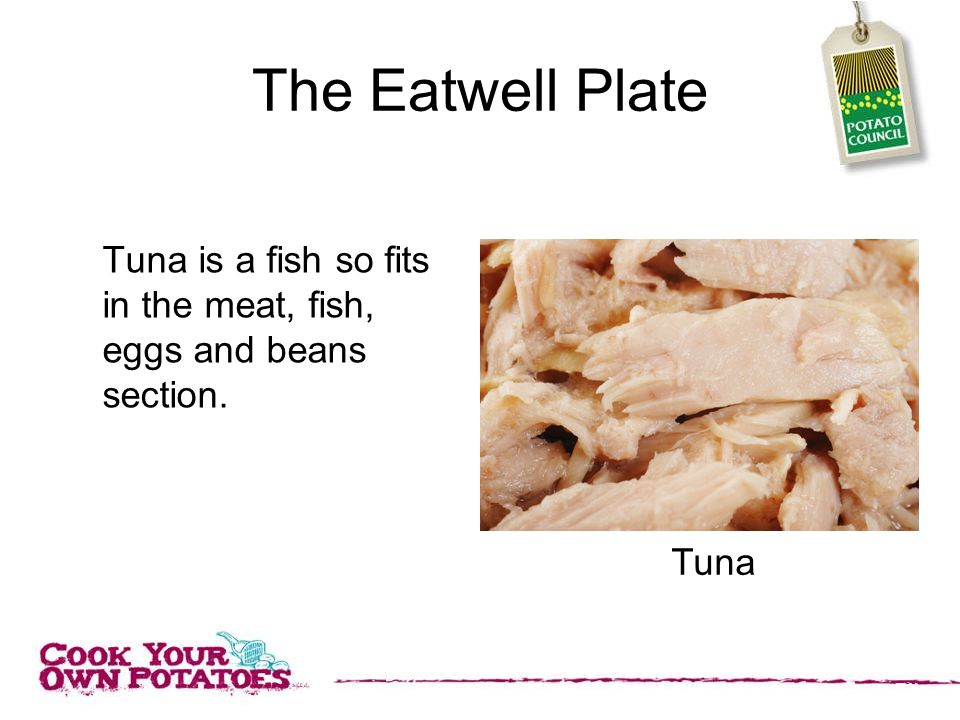 The Eatwell Plate Tuna is a fish so fits in the meat, fish, eggs and beans section. Tuna