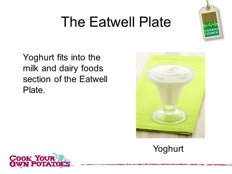 The Eatwell Plate Yoghurt fits into the milk and dairy foods section of the Eatwell Plate. Yoghurt