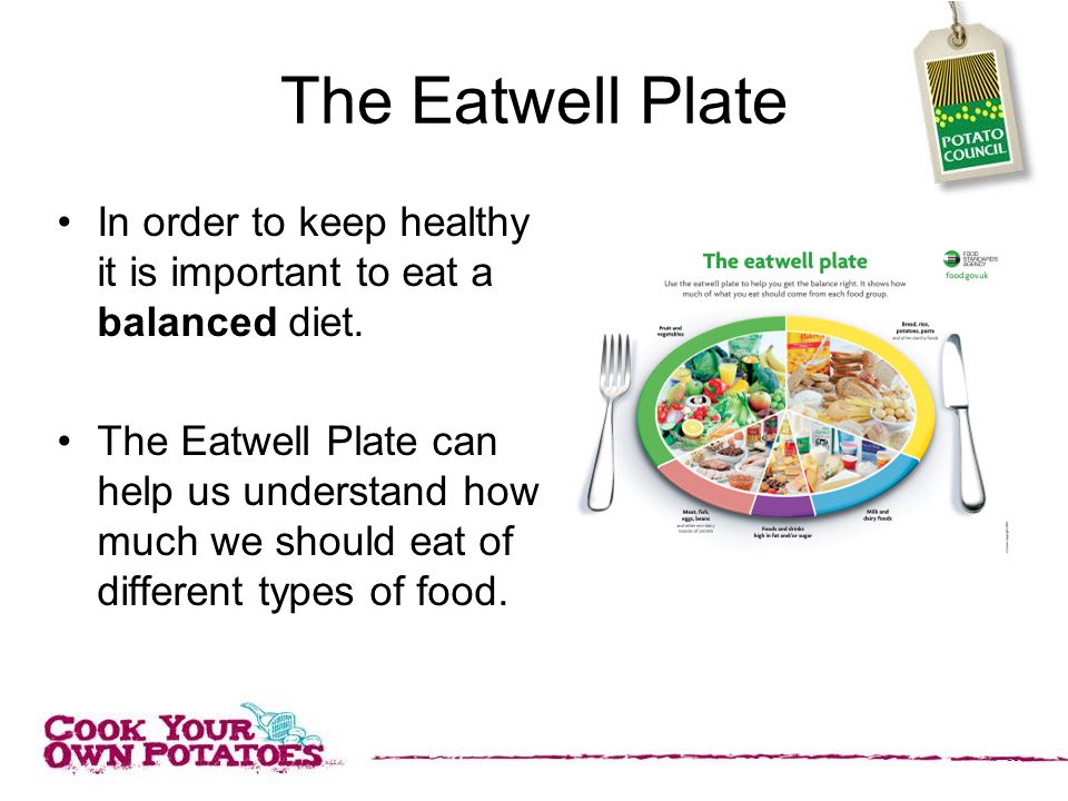 The Eatwell Plate In order to keep healthy it is important to eat a balanced diet.