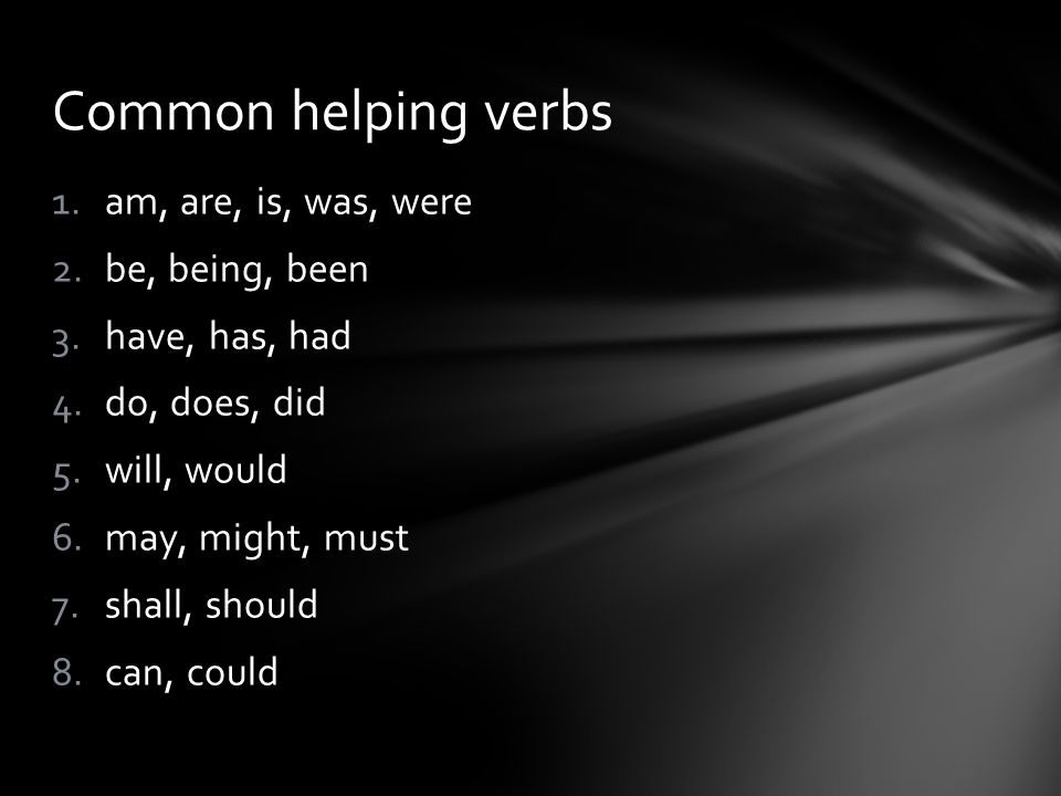 Common helping verbs am, are, is, was, were be, being, been