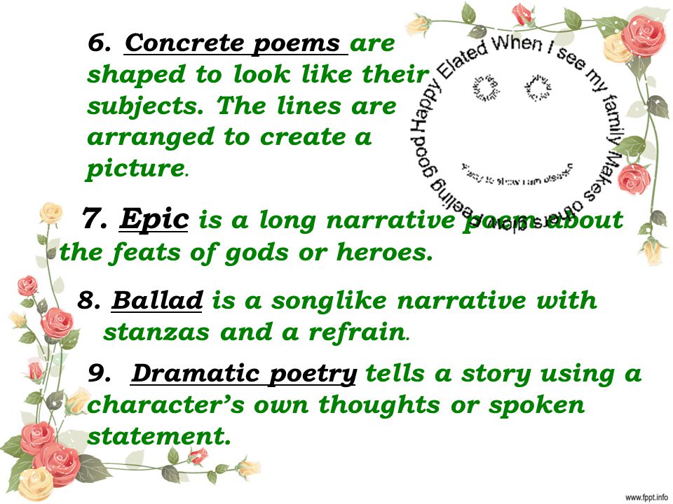 7. Epic is a long narrative poem about the feats of gods or heroes.