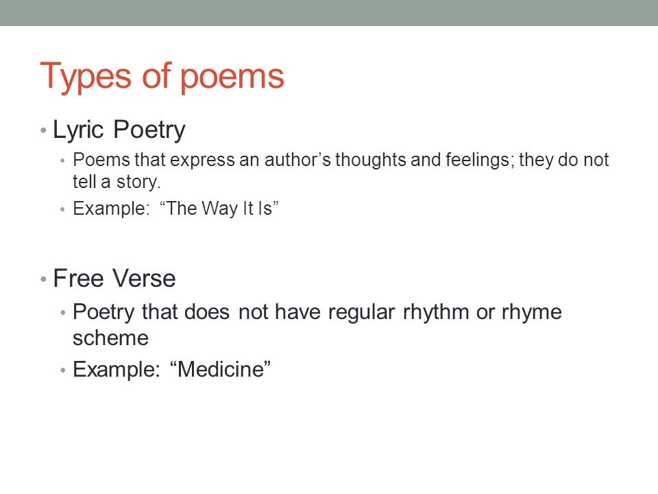 Types of poems Lyric Poetry Free Verse