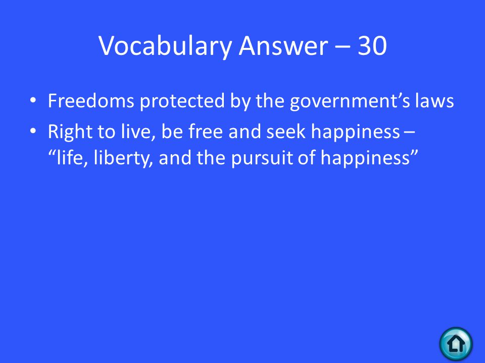 Vocabulary Answer – 30 Freedoms protected by the government’s laws