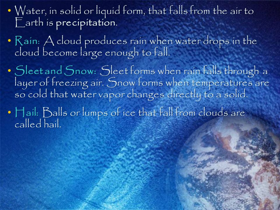 Water, in solid or liquid form, that falls from the air to Earth is precipitation.