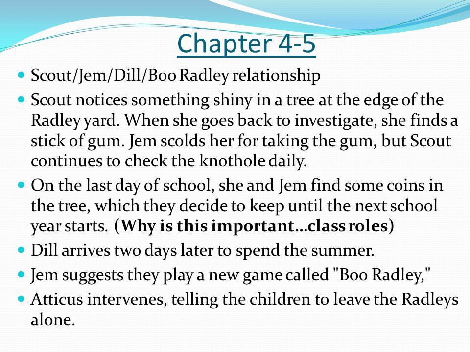 Chapter 4-5 Scout/Jem/Dill/Boo Radley relationship